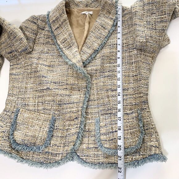 Cache Brown Blue tweed Blazer Jackets Frayed Trim Womens Size 10 - Picture 14 of 14